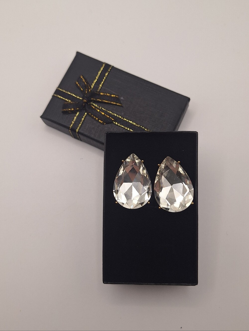 NWT Macy's Oversized Pear Cut Crystal Statement Stud Earrings | Gold Tone